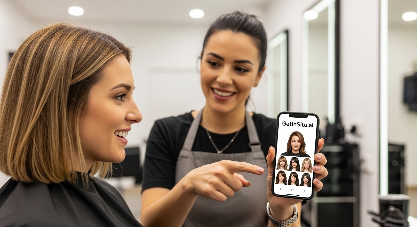 Salon professional showing hair visualization to client on tablet